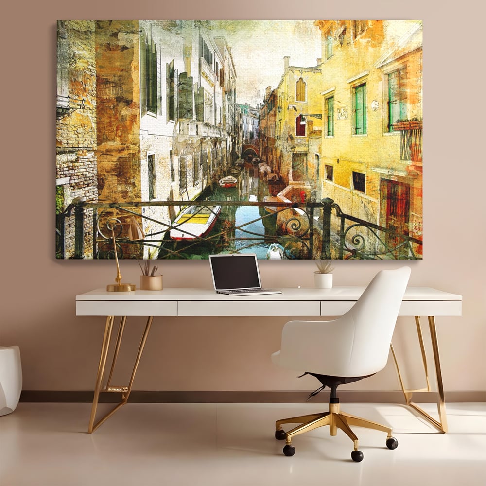 Tablou canvas cu tablou canvas cu peisaj venetian, fara rama, pe sasiu de lemn, pe perete intr-un birou